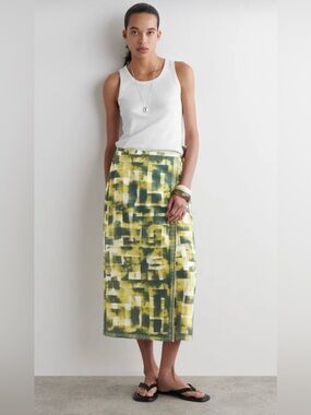COS size 10 Green Yellow Printed Midi Wrap Skirt NEW!